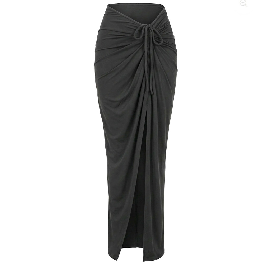 JLUXLABEL Black Cotton Linen Wrap Maxi Skirt Gathered Knot Rope Tie Size Small